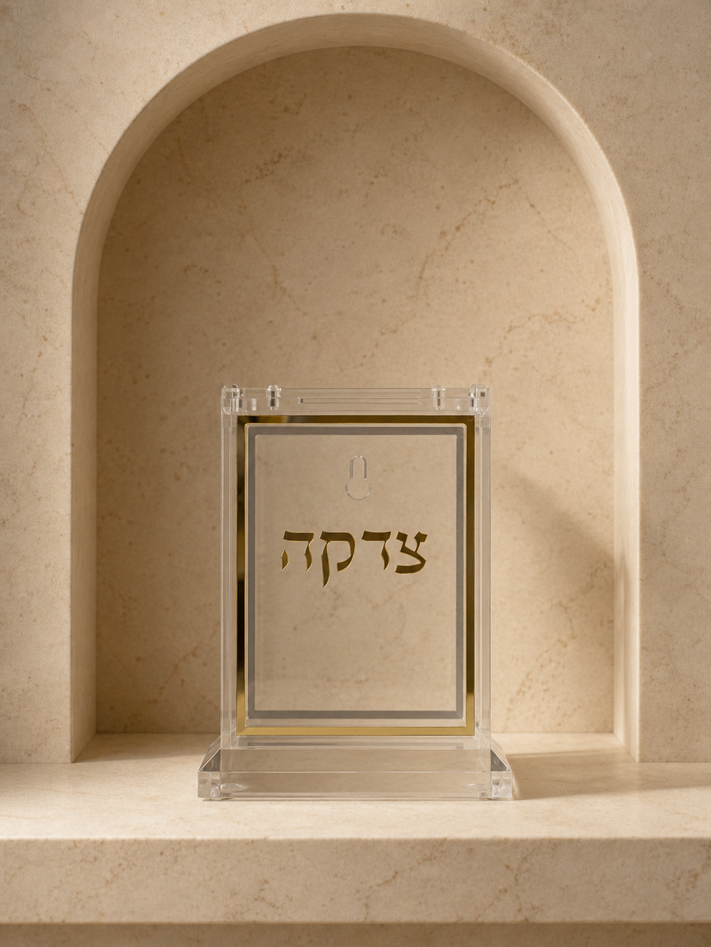 קופת צדקה אקריליק - מסגרת זהב - זווית נוספת