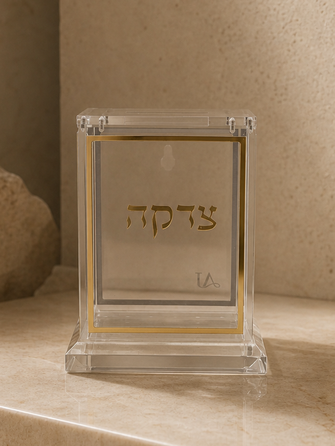 קופת צדקה אקריליק - מסגרת זהב - זווית נוספת