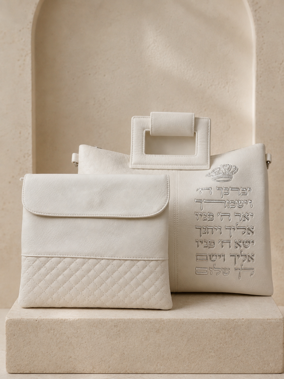סט טלית ותפילין רקום - לבן